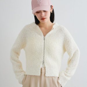VIS リボンヤーンジップリブネックカーディガン