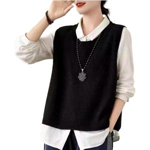 ベスト レディース 薄手 サマーベスト 体型カバー 着回し 重ね着 ニットトップス カットソー(ブラック,  Free Size)