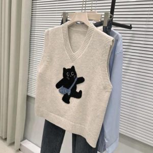 黒猫 ニットベスト レディース レイヤード ニットセーター トップス おしゃれ Vネック ベスト 上着 重ね着 プルオーバーベスト 猫