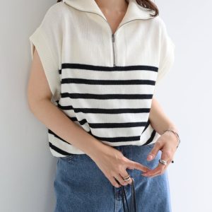 andme ベスト ジレ ハーフジップボーダーニットベスト レディース