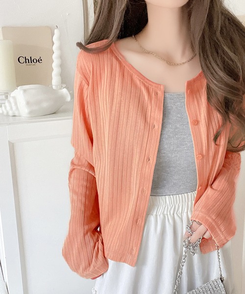 classicalelf カーディガン 「羽織り/持ち運び/冷房対策に便利!」2wayクルーネックシアーリブカーディガン(ショート丈) レディース - 画像 (7)