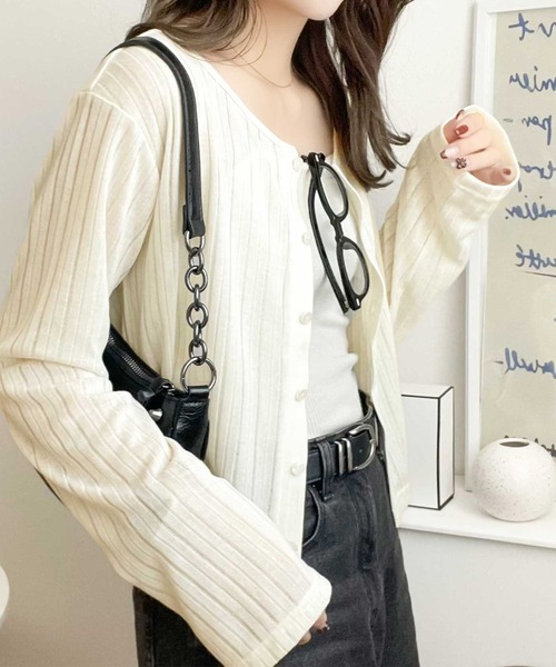 classicalelf カーディガン 「羽織り/持ち運び/冷房対策に便利!」2wayクルーネックシアーリブカーディガン(ショート丈) レディース - 画像 (2)