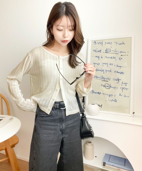 classicalelf カーディガン 「羽織り/持ち運び/冷房対策に便利!」2wayクルーネックシアーリブカーディガン(ショート丈) レディース - 画像 (9)