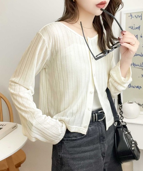 classicalelf カーディガン 「羽織り/持ち運び/冷房対策に便利!」2wayクルーネックシアーリブカーディガン(ショート丈) レディース - 画像 (8)