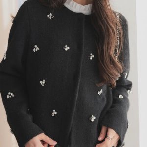 KOBE LETTUCE カーディガン ビジュー付きノーカラーニットジャケット レディース