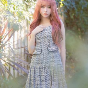 Tika ドレス キャミソールリボンツイードミックスチェック柄パールボタンプリーツフレアミニドレス (Sサイズ〜XLサイズ)