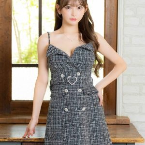 Tika ドレス キャバドレス ハートウエストベルト付きキャミソールツイードミックスダブルボタンフレアミニドレス (Sサイズ〜Lサイズ)