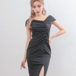 Tika ドレス キャバドレス オフショルダーシャーリングスリットワンカラータイト膝丈ドレス (Mサイズ)