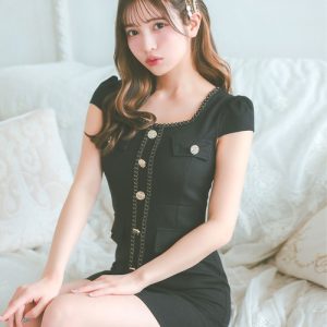 Tika ドレス キャバドレス 半袖 パイピング ゴールドボタン フェイクポケット ストレッチ タイトミニドレス (Sサイズ〜XLサイズ)