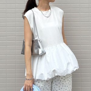 I-SOOK ブラウス シャツ 「ISOOK / アイスー」バルーンペプラムフレンチT シンプルトップス チュニック ロング丈 クルーネック ラウンドネック ノ