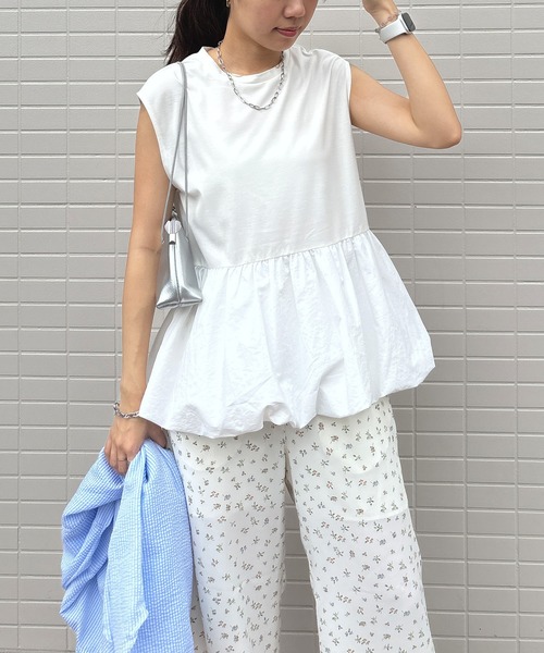 I-SOOK ブラウス シャツ 「ISOOK / アイスー」バルーンペプラムフレンチT シンプルトップス チュニック ロング丈 クルーネック ラウンドネック ノ - 画像 (4)