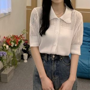 透かし編みポロ衿プルオーバー レディース