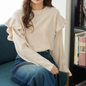 FREAK'S STORE tシャツ 限定展開　ワッフル フリル 袖 ロング スリーブ プルオーバー レディース