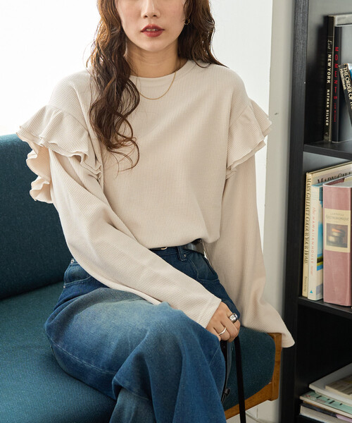 FREAK'S STORE tシャツ 限定展開 ワッフル フリル 袖 ロング スリーブ プルオーバー レディース - 画像 (5)