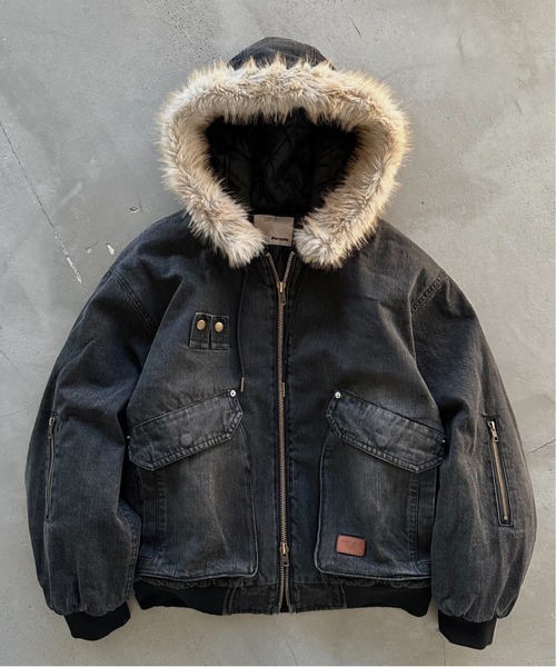 Perushu ブルゾン アウター ヴィンテージライクデニムフードファーブルゾン メンズ レディース - 画像 (5)