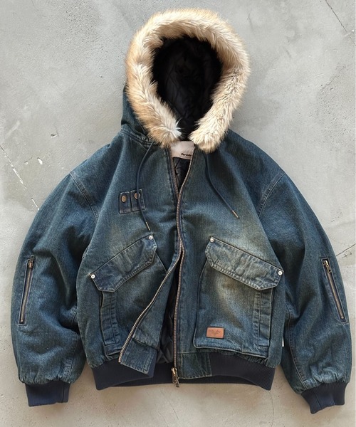 Perushu ブルゾン アウター ヴィンテージライクデニムフードファーブルゾン メンズ レディース - 画像 (4)
