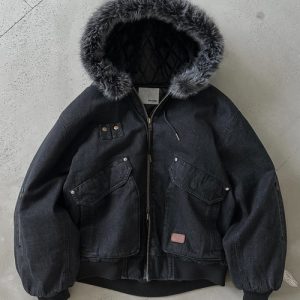 Perushu ブルゾン アウター ヴィンテージライクデニムフードファーブルゾン メンズ レディース