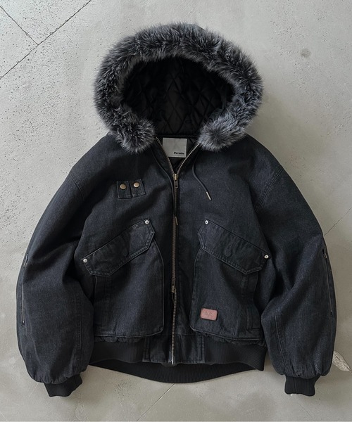 Perushu ブルゾン アウター ヴィンテージライクデニムフードファーブルゾン メンズ レディース - 画像 (2)