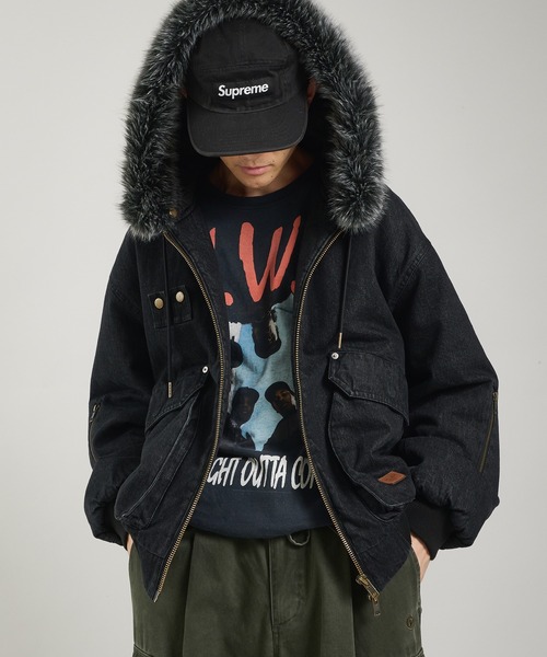 Perushu ブルゾン アウター ヴィンテージライクデニムフードファーブルゾン メンズ レディース - 画像 (7)