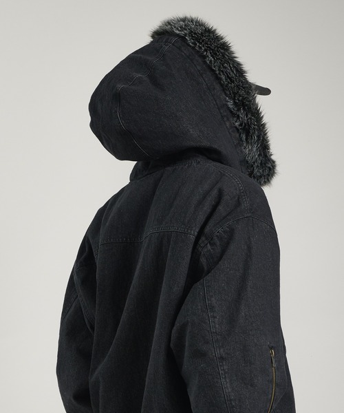 Perushu ブルゾン アウター ヴィンテージライクデニムフードファーブルゾン メンズ レディース - 画像 (8)