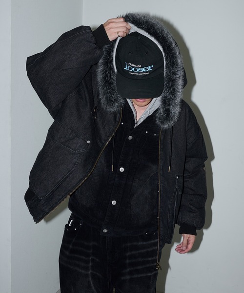 Perushu ブルゾン アウター ヴィンテージライクデニムフードファーブルゾン メンズ レディース - 画像 (6)