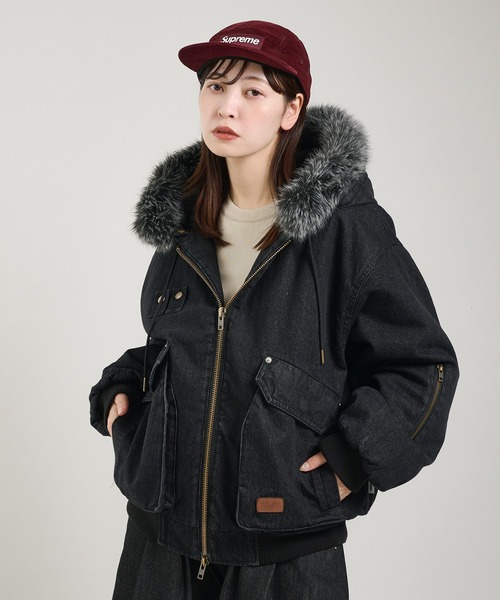 Perushu ブルゾン アウター ヴィンテージライクデニムフードファーブルゾン メンズ レディース - 画像 (9)