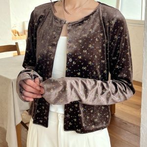 カーディガン フィンガーホール 花柄ベロアカーディガン レディース