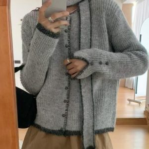 カーディガン 配色ステッチニットカーディガン&スリムニットストール レディース