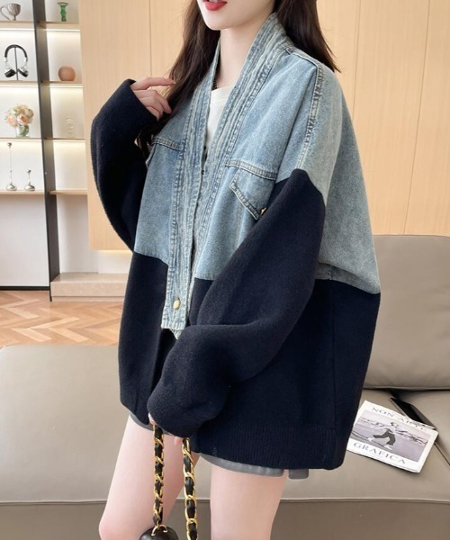 カーディガン デニムパネルツインジッパーカーディガン レディース - 画像 (3)