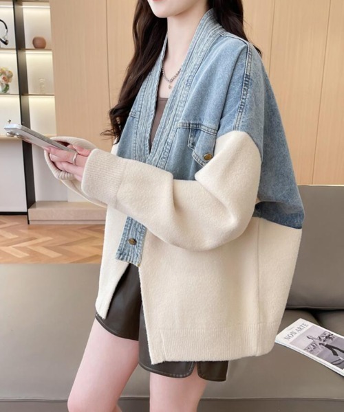 カーディガン デニムパネルツインジッパーカーディガン レディース - 画像 (5)