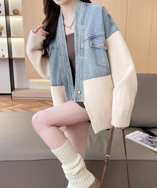 カーディガン デニムパネルツインジッパーカーディガン レディース - 画像 (6)