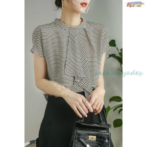 ブラウス トップス シャツ Tシャツ レディース 夏 大きいサイズ ラウンドネック 半袖 ボウタイブラウス 幾何学模様 モノトーン  きれいめ ホワイト ブラック