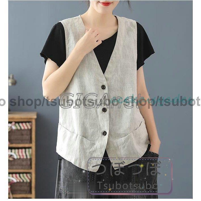 リネンベスト レディース 夏 ベスト 薄手 前開き ジレ 麻 チョッキ レトロ vネック 前開きベスト リネン - 画像 (3)
