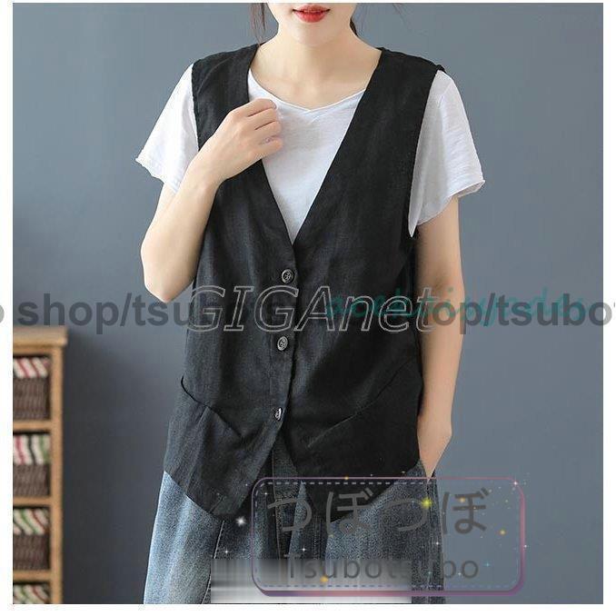 リネンベスト レディース 夏 ベスト 薄手 前開き ジレ 麻 チョッキ レトロ vネック 前開きベスト リネン - 画像 (4)