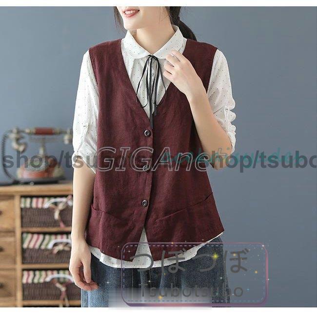 リネンベスト レディース 夏 ベスト 薄手 前開き ジレ 麻 チョッキ レトロ vネック 前開きベスト リネン - 画像 (7)