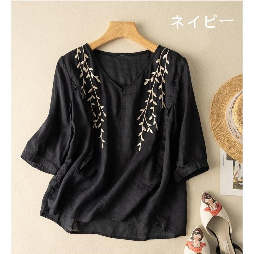 春物 レディース ブラウス 服 レディースアジアン アジアンブラウス 七分袖 春夏 シャツ シャツブラウス tシャツ 刺繍 トップス 可愛い - 画像 (4)
