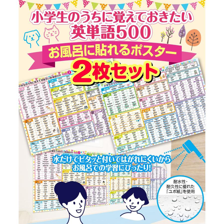 お風呂の学校 小学生向け英単語500選 お風呂ポスター 2枚セット 日本製 北欧パステルデザイン B3サイズ 英語 学習 知育 子供 防水 - 画像 (3)