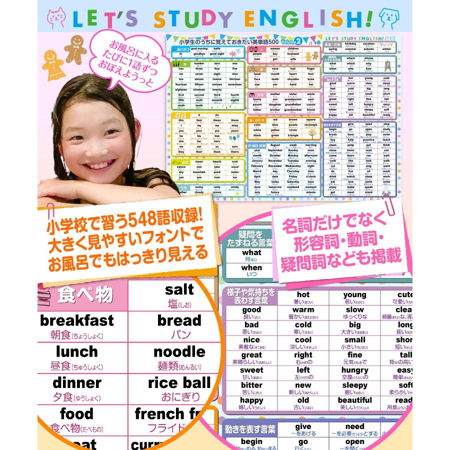 お風呂の学校 小学生向け英単語500選 お風呂ポスター 2枚セット 日本製 北欧パステルデザイン B3サイズ 英語 学習 知育 子供 防水 - 画像 (5)