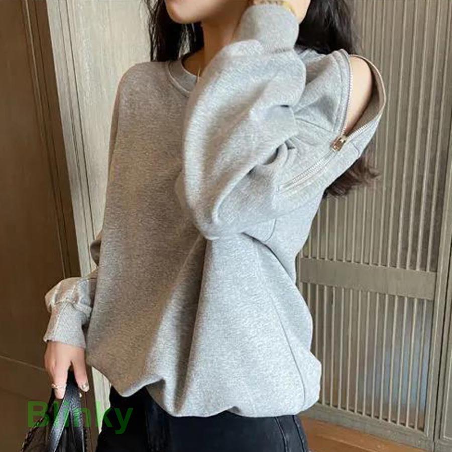 トレーナー オープンショルダー クルーネック スウェット 肩出しトップス ゆったり カジュアル 体型カバー ファスナー - 画像 (2)