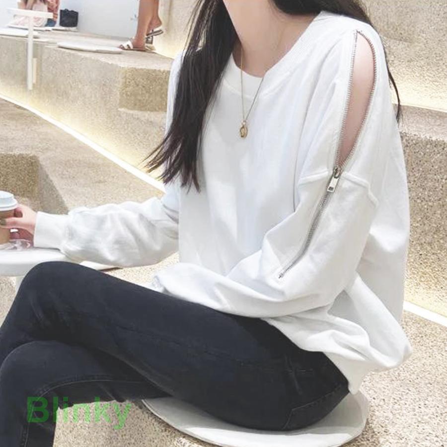 トレーナー オープンショルダー クルーネック スウェット 肩出しトップス ゆったり カジュアル 体型カバー ファスナー - 画像 (7)