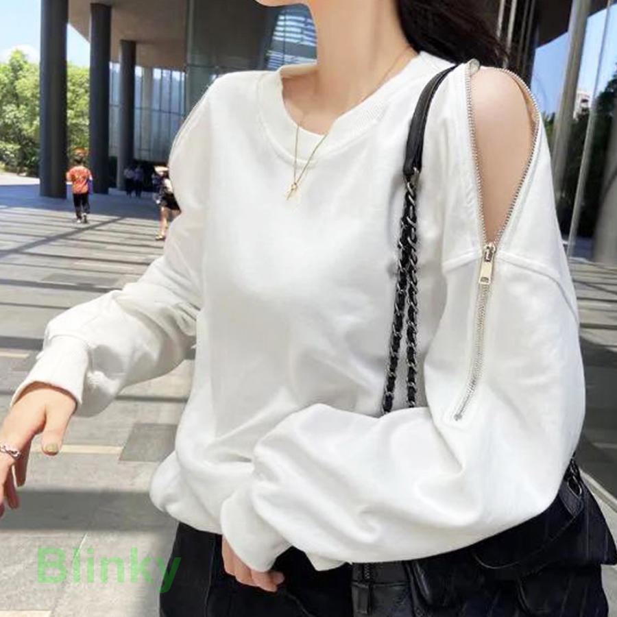 トレーナー オープンショルダー クルーネック スウェット 肩出しトップス ゆったり カジュアル 体型カバー ファスナー - 画像 (8)