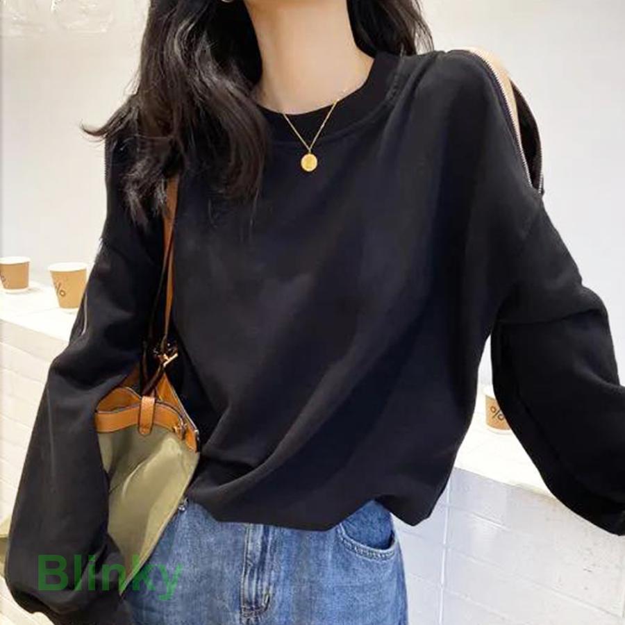 トレーナー オープンショルダー クルーネック スウェット 肩出しトップス ゆったり カジュアル 体型カバー ファスナー - 画像 (9)