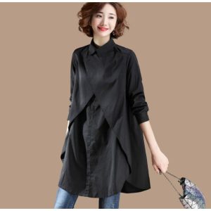 シャツ レディース 春 ロングシャツ 長袖 折り襟 チュニック aライン 切り替え　無地 ゆったり 体型カバー 春シャツ カジュアル 上品 大人 通勤 OL 30代 40代