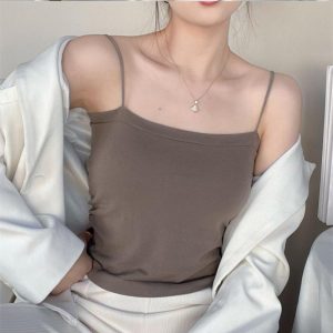 ブラトップ キャミソール レディース　トップス　ロング　インナー　カップ付き　細見え　無地　ブラウン 茶色