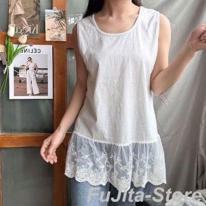 レース裾 タンクトップ トップス レイヤード レディース 裾レース 重ね着 裾 レース Uネック ノースリーブ ロングタンクトップ 無地 春 夏 秋