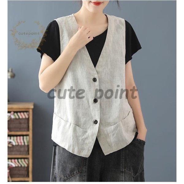 リネンベスト レディース 夏 ベスト 薄手 前開き ジレ 麻 チョッキ レトロVネック 前開きベスト リネン - 画像 (3)