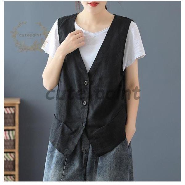 リネンベスト レディース 夏 ベスト 薄手 前開き ジレ 麻 チョッキ レトロVネック 前開きベスト リネン - 画像 (4)