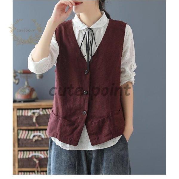 リネンベスト レディース 夏 ベスト 薄手 前開き ジレ 麻 チョッキ レトロVネック 前開きベスト リネン - 画像 (5)