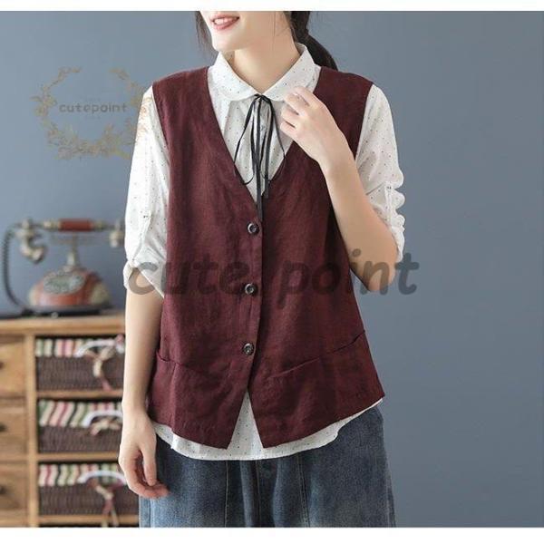 リネンベスト レディース 夏 ベスト 薄手 前開き ジレ 麻 チョッキ レトロVネック 前開きベスト リネン - 画像 (7)