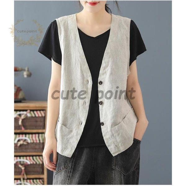 リネンベスト レディース 夏 ベスト 薄手 前開き ジレ 麻 チョッキ レトロVネック 前開きベスト リネン - 画像 (8)